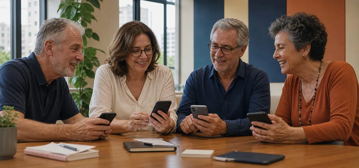 Grupo de pessoas 50+ aprendendo a usar Inteligência Artificial pelo celular em uma turma presencial pequena